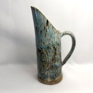 LL Pottery Studio Vintage Vessel Blue Brown Drip Glaze Stoneware Handle & Spout